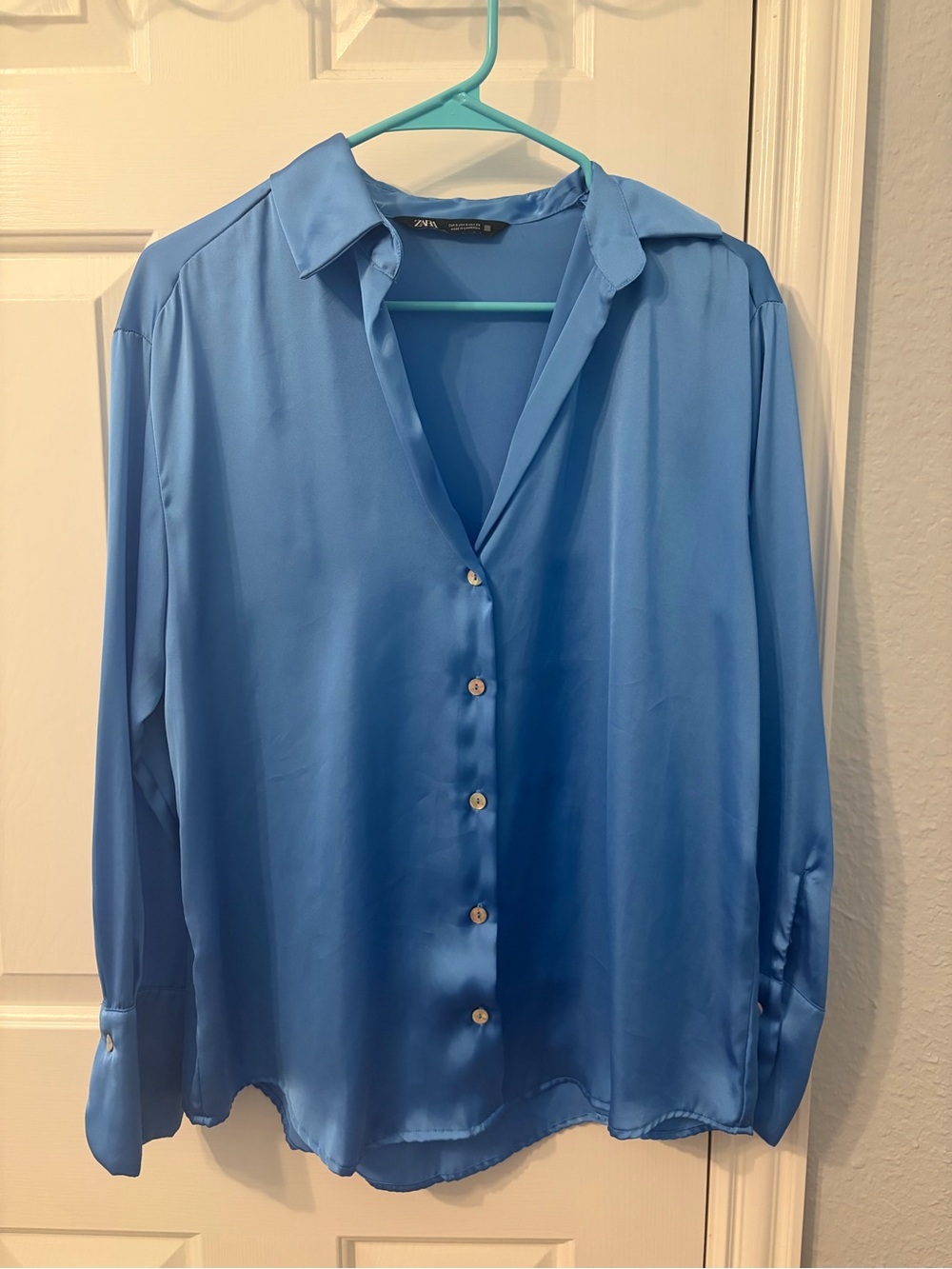 ZARA Oversized Blue Satin Button-Up Shirt